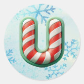 キャンディーケインクリスマス"U"ステッカー、フェスティバルストライプ ラウンドシール (正面)