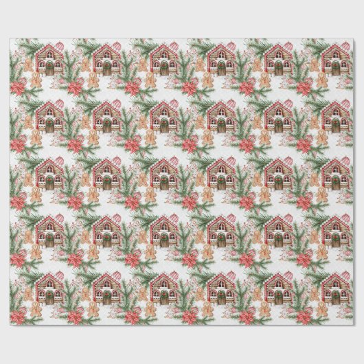 キャンディーケインハウス、ジンジャーブレッドマン、ポインセチア ラッピングペーパー (フラット)