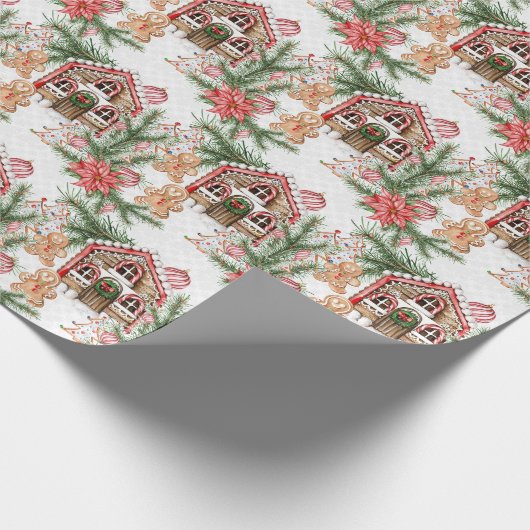 キャンディーケインハウス、ジンジャーブレッドマン、ポインセチア ラッピングペーパー (角)