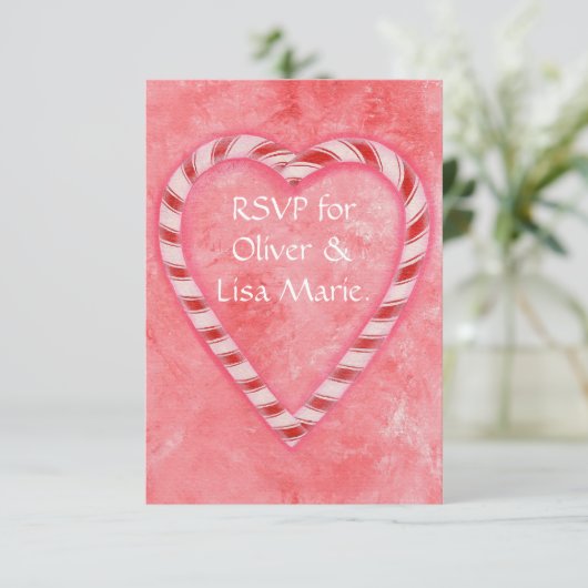 キャンディーケインハートRSVPレスポンスカード冬の結婚式 出欠カード (スタンド正面)