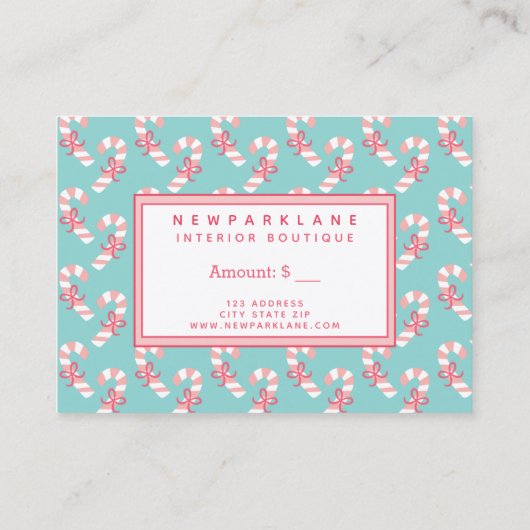 キャンディーケインパターンティール（緑がかった色）クリスマスプレゼント証明書 名刺 (裏面)