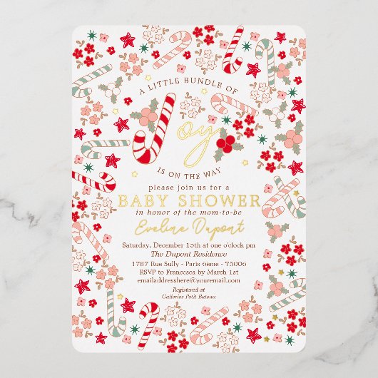 キャンディーケインフローラクリスマスベビーシャワー招待状 箔招待状 (正面)