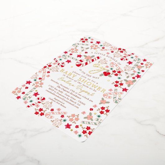 キャンディーケインフローラクリスマスベビーシャワー招待状 箔招待状 (回転した状態)