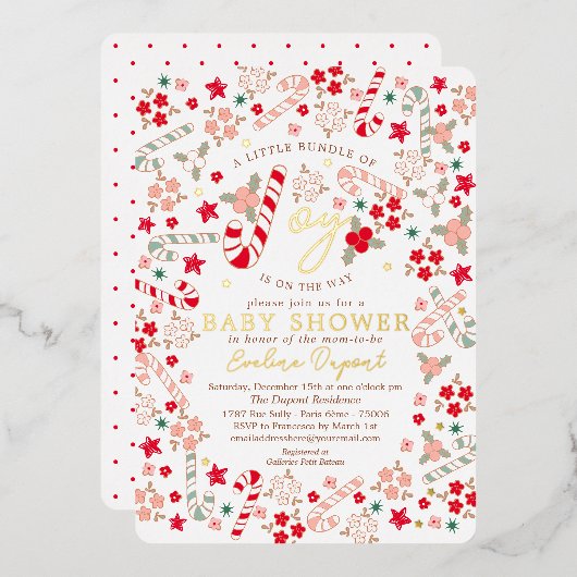 キャンディーケインフローラクリスマスベビーシャワー招待状 箔招待状 (正面/裏面)