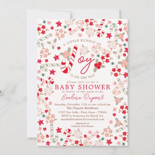 キャンディーケインフローラクリスマスベビーシャワー 招待状 (正面)