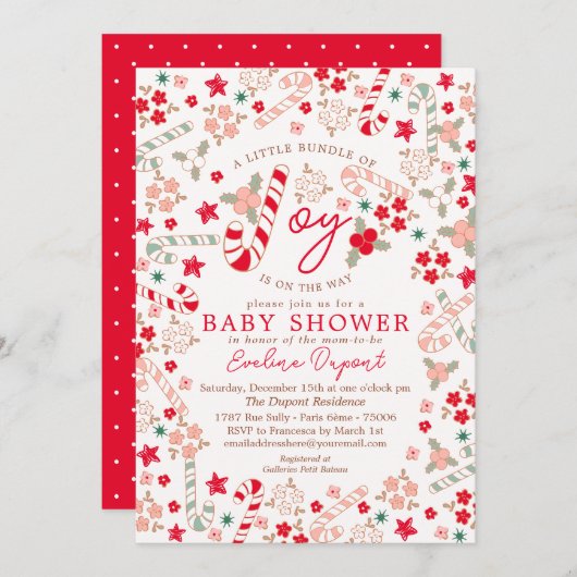 キャンディーケインフローラクリスマスベビーシャワー 招待状 (正面/裏面)