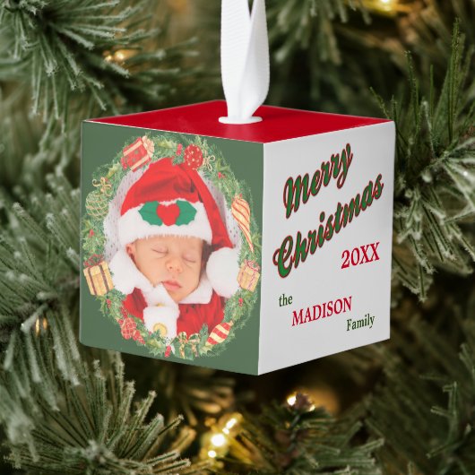 キャンディーケインリース写真テンプレート キューブオーナメント (ツリー)