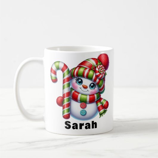 キャンディーケイン雪だるまクリスマス名前をカスタムする コーヒーマグカップ (左)