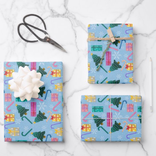 キャンディーケイン、木やプレゼントの包装紙 ラッピングペーパーシート (正面)