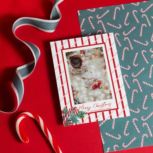 キャンディーケーンとグリーン | クリスマスの家族写真 シーズンカード