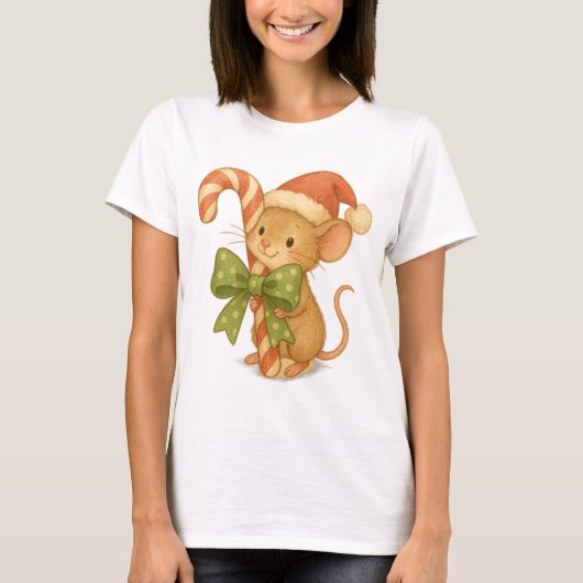 キャンディーケーンとサンタハットを使ったかわいいクリスマスマウス Tシャツ (正面)