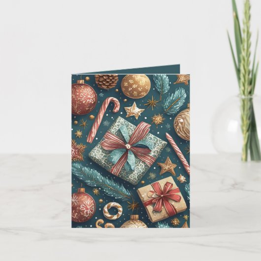 キャンディーケーンとプレゼントのホリデー シーズンカード (正面)