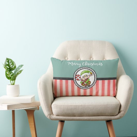 キャンディーケーンと可愛いクリスマス小妖精や小人メリークリスマス ランバークッション (椅子)