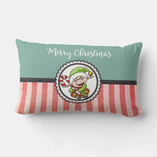キャンディーケーンと可愛いクリスマス小妖精や小人メリークリスマス ランバークッション (裏面)