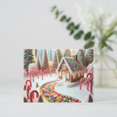 キャンディーケーンの付いたジンジャーブレッドハウス ポストカード (スタンド正面)