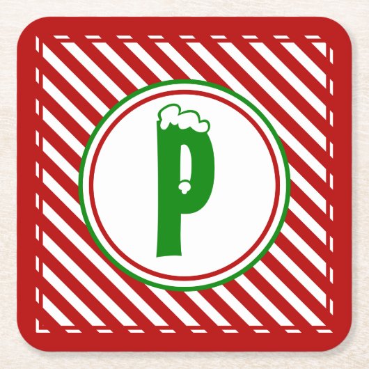 キャンディーケーンの基本レッド/ホワイトモノグラム スクエアペーパーコースター (正面)