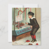 キャンディーケーンの準備ができているヴィンテージのクリスマス少年 シーズンカード (正面)