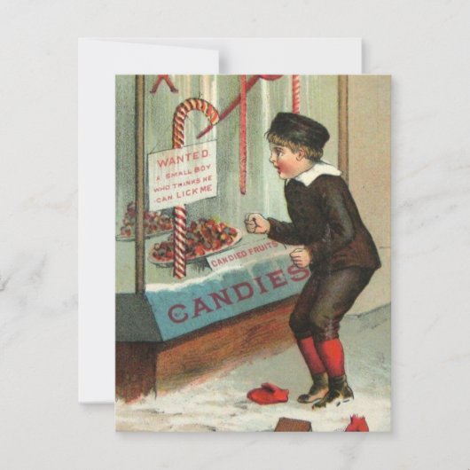 キャンディーケーンの準備ができているヴィンテージのクリスマス少年 シーズンカード (正面)