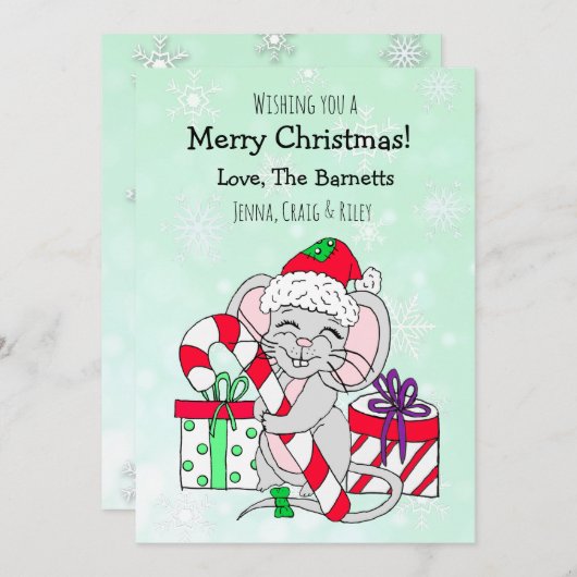 キャンディーケーンを持ったかわいいクリスマスマウス シーズンカード (正面/裏面)