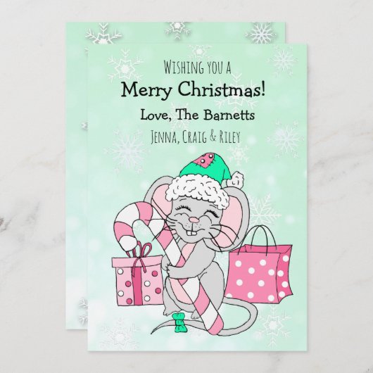 キャンディーケーンを持ったかわいいクリスマスマウス シーズンカード (正面/裏面)