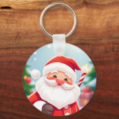 キャンディーケーンを片手に元気なサンタクロース キーホルダー (正面)
