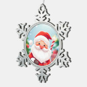 キャンディーケーンを片手に元気なサンタクロース スノーフレークピューターオーナメント (右)