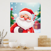 キャンディーケーンを片手に元気なサンタクロース ポスター (キッチン)