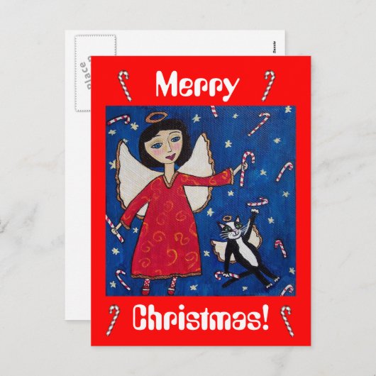 キャンディーケーンクリスマスエンジェルと猫はがき シーズンポストカード (正面/裏面)