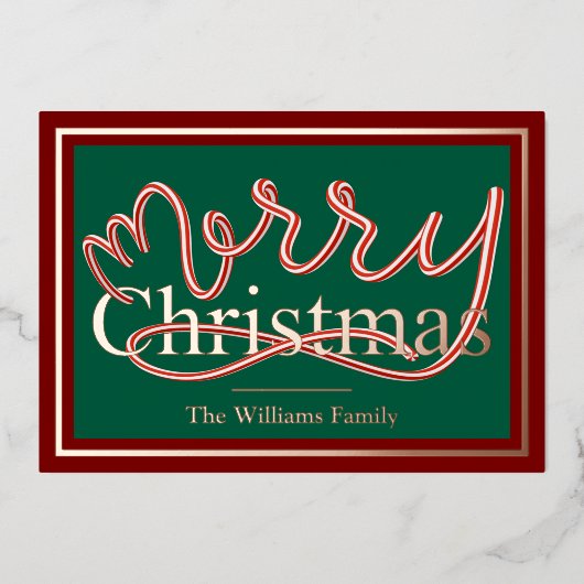 キャンディーケーンクリスマスカード – 緑と赤のストライプ 箔シーズンカード (正面)