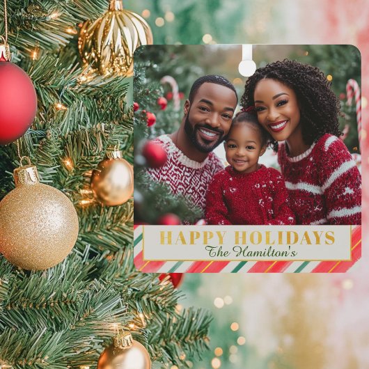 キャンディーケーンクリスマスススススクエアフォトオーナメント メタルオーナメント