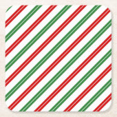 キャンディーケーンクリスマスストライプのクリスマスレッドグリーン スクエアペーパーコースター (正面)