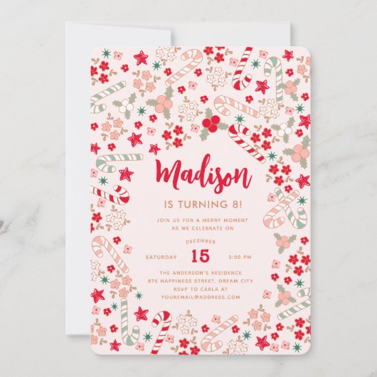 キャンディーケーンクリスマスホリデーズバースデーパーティー 招待状 (正面)
