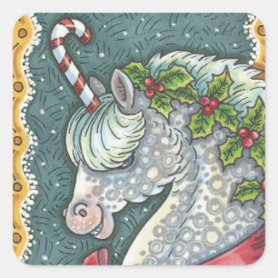 キャンディーケーンクリスマスユニコーン、馬ポニーステッカー スクエアシール