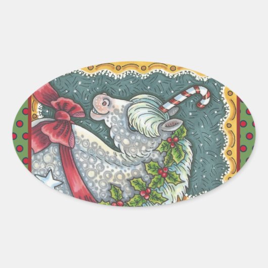 キャンディーケーンクリスマスユニコーン、馬ポニーステッカー 楕円形シール (正面)