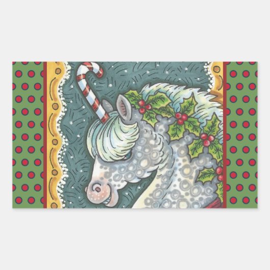 キャンディーケーンクリスマスユニコーン、馬ポニーステッカー 長方形シール (正面)