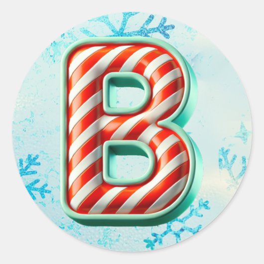 キャンディーケーンクリスマス"B"ステッカー、フェスティバルストライプ ラウンドシール (正面)