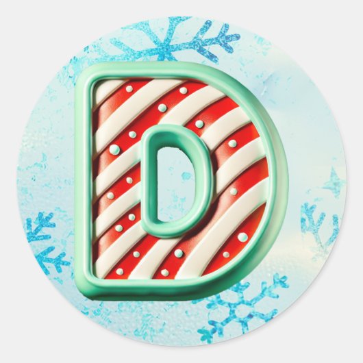 キャンディーケーンクリスマス"D"ステッカー、フェスティバルストライプ ラウンドシール (正面)