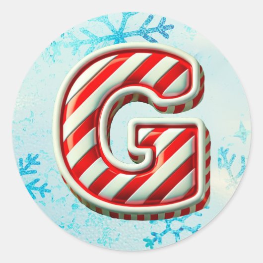 キャンディーケーンクリスマス"G"ステッカー、フェスティバルストライプ ラウンドシール (正面)