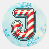 キャンディーケーンクリスマス「J」ステッカー、フェスティバルストライプ ラウンドシール (正面)