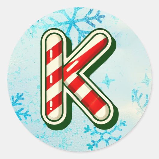 キャンディーケーンクリスマス"K"ステッカー、フェスティバルストライプ ラウンドシール (正面)