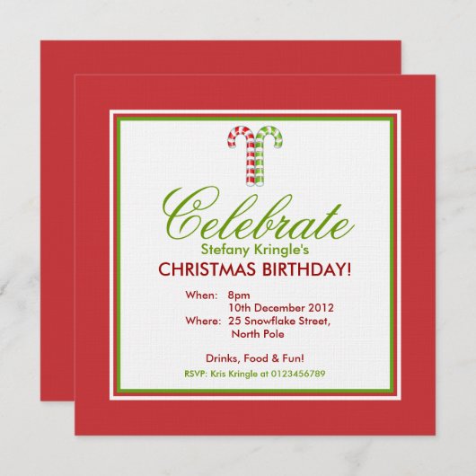 キャンディーケーンズレッドグリーンクリスマス誕生日招待状 招待状 (正面/裏面)