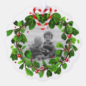 キャンディーケーンハートリース写真メリークリスマスイヤー オーナメントカード (正面)