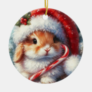 キャンディーケーンバニーラビットクリスマス セラミックオーナメント