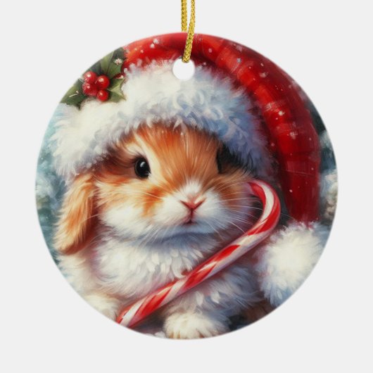 キャンディーケーンバニーラビットクリスマス セラミックオーナメント (正面)