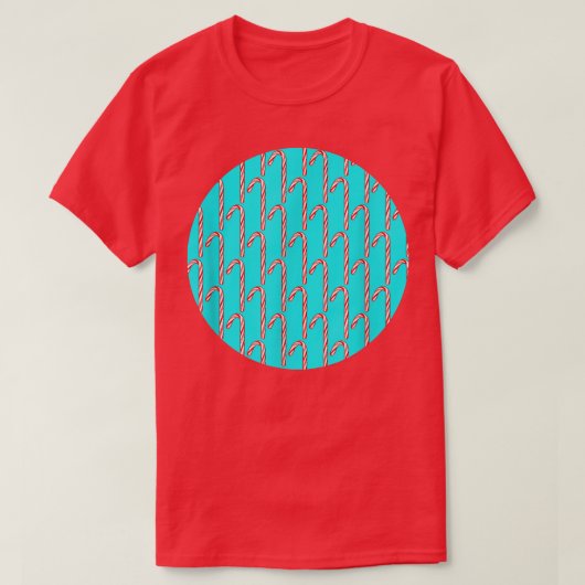 キャンディーケーンパターンターコイズ背景 Tシャツ (デザイン正面)