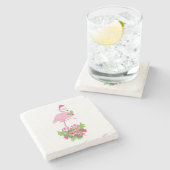 キャンディーケーンブーケとサンタハットのピンクのフラミンゴ ストーンコースター (横)