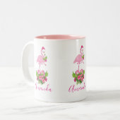 キャンディーケーンブーケとサンタハットのピンクのフラミンゴ ツートーンマグカップ (正面左)