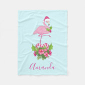 キャンディーケーンブーケとサンタハットのピンクのフラミンゴ フリースブランケット (正面)