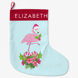 キャンディーケーンブーケとサンタハットのピンクのフラミンゴ ラージクリスマスストッキング