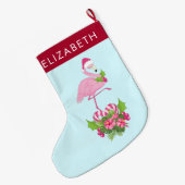 キャンディーケーンブーケとサンタハットのピンクのフラミンゴ ラージクリスマスストッキング (裏面 (吊り時))